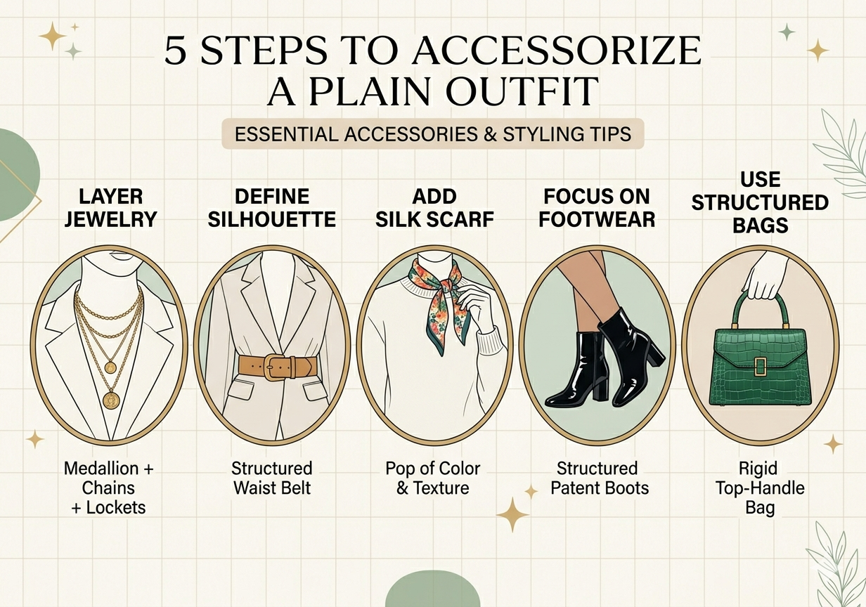 A woman styling a plain white tee and denim with layered gold necklaces, a structured belt, and a silk scarf on her handbag.