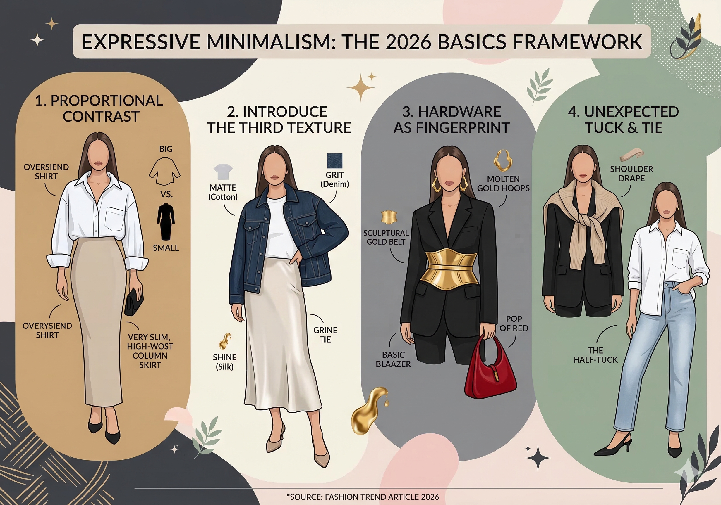 A stylish woman wearing an oversized white button-down, charcoal wide-leg trousers, and a statement gold waist chain, embodying elevated basic styling.