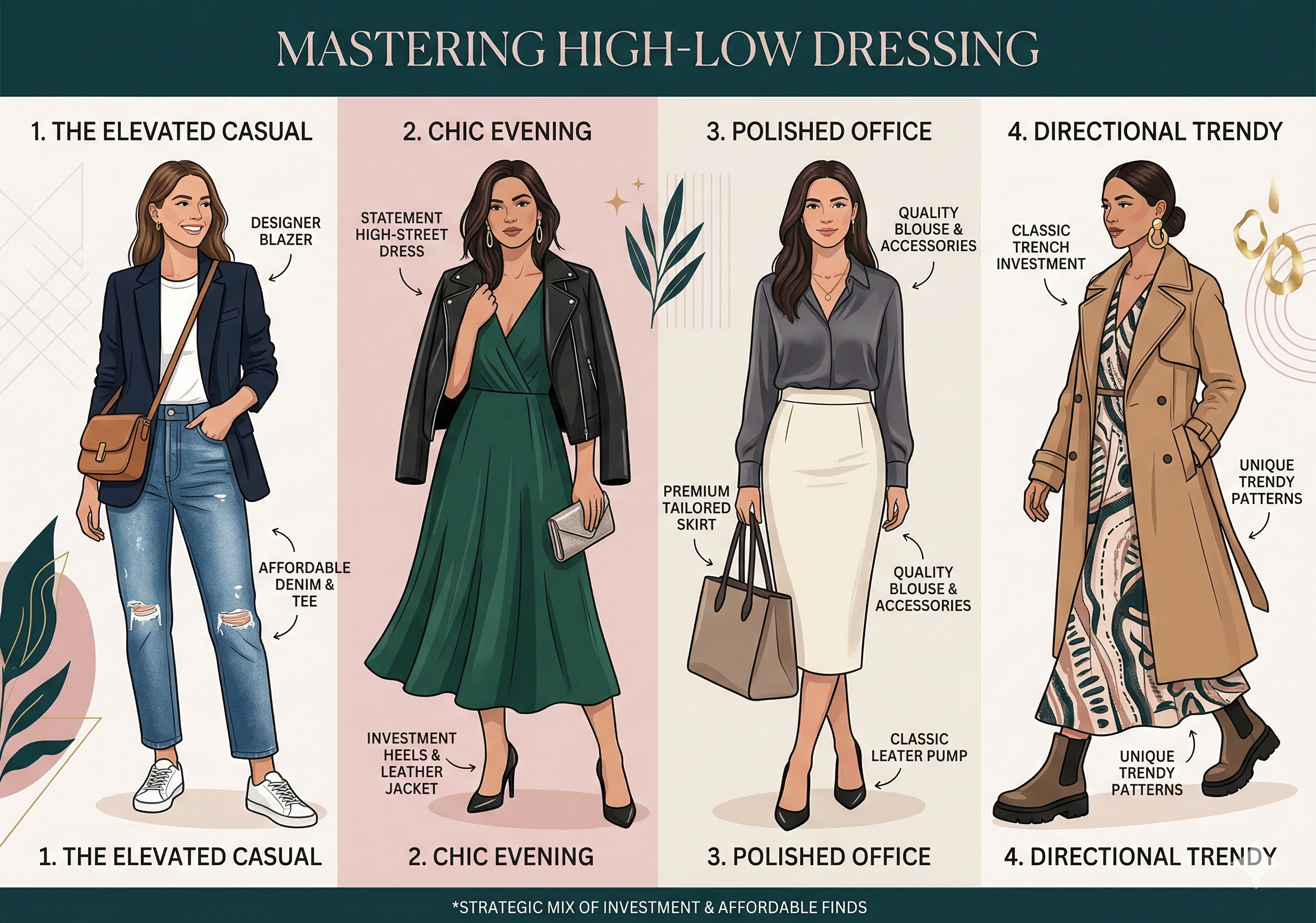 Woman confidently smiling, wearing a tailored navy blazer (high-end) and classic white t-shirt over high-waisted distressed denim jeans (affordable), with a stylish leather crossbody bag and classic sneakers. Her look demonstrates an expertly mixed high-low outfit.