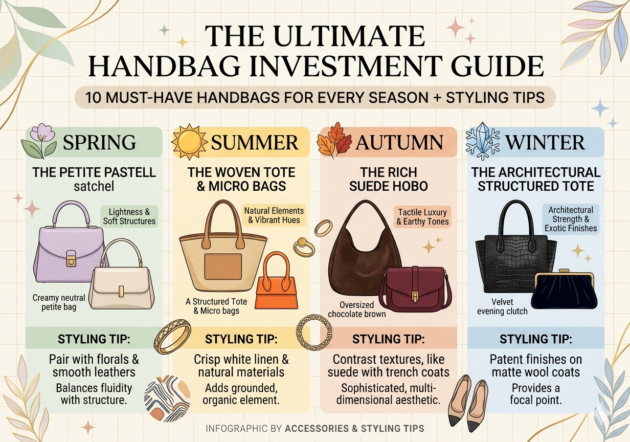 A collection of four luxury handbags representing Spring, Summer, Autumn, and Winter trends, including a raffia tote and a mock-croc satchel.