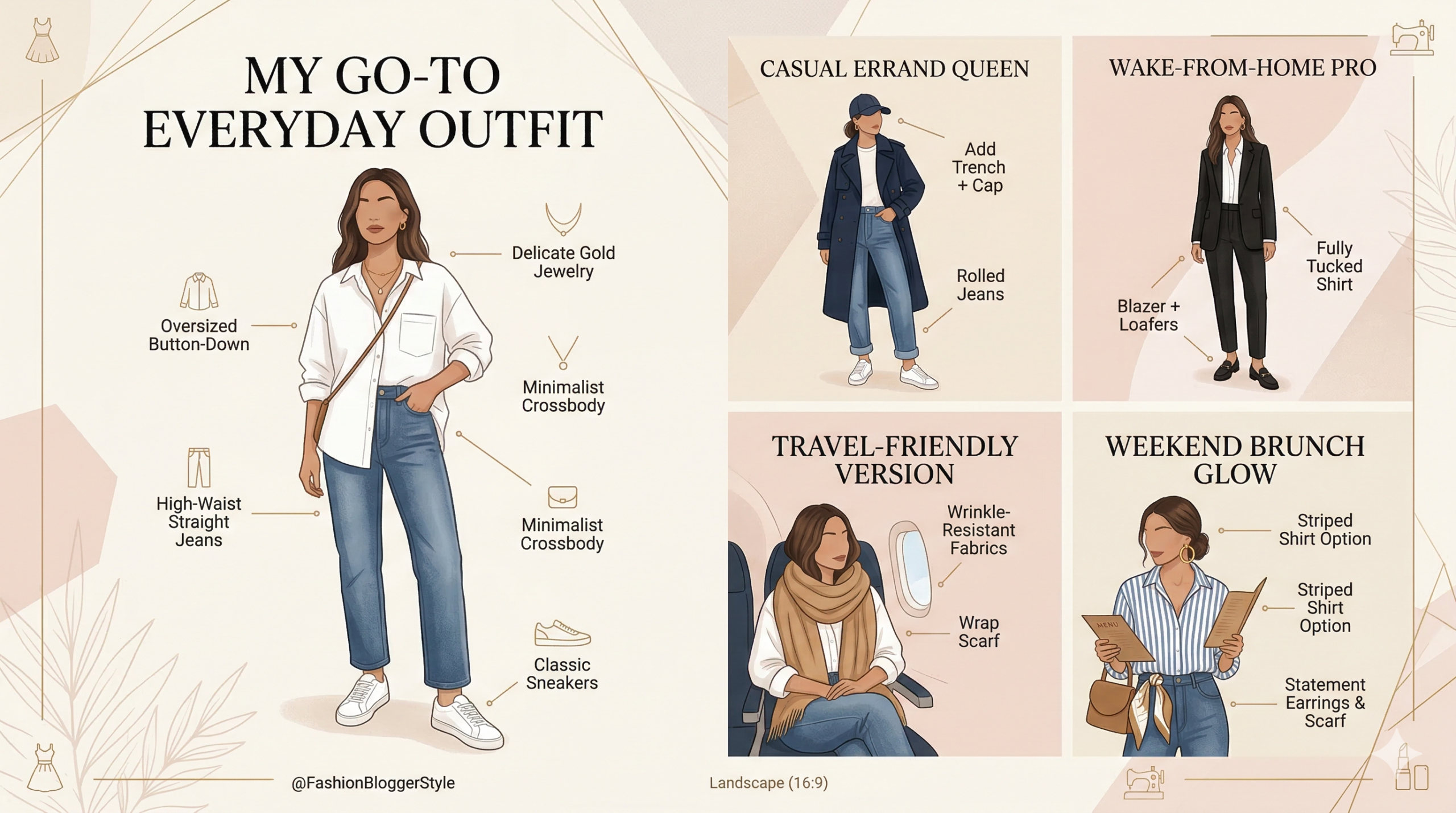 Main hero image: "Woman wearing go-to everyday outfit with oversized white button-down shirt, high-waisted mom jeans, and white sneakers – effortless casual chic look" Outfit breakdown flat lay: "Flat lay of everyday outfit essentials including white button-down shirt, straight-leg jeans, white sneakers, and gold accessories" Styled variation image: "Casual brunch outfit idea with tucked white shirt, denim jacket, and chunky gold hoops for women" Seasonal twist photo: "Winter version of go-to everyday outfit layered with trench coat and white sneakers for versatile women’s style" Pinterest-style detail shot: "Close-up of personalized everyday outfit accessories – gold hoops, crossbody bag, and classic watch on woman"