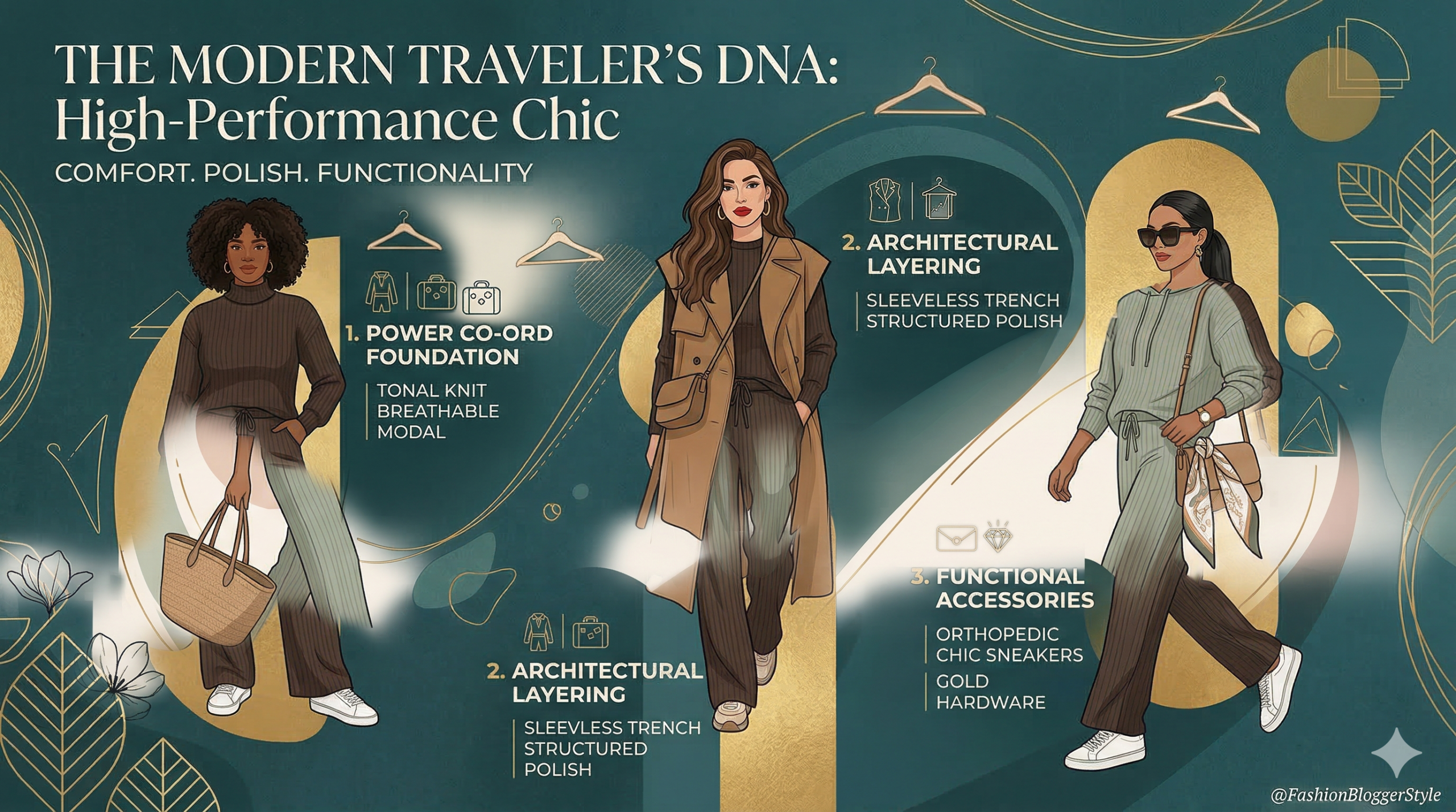 A stylish woman in an airport lounge wearing a tonal sage green knit set, an oversized camel trench vest, and clean white leather sneakers.