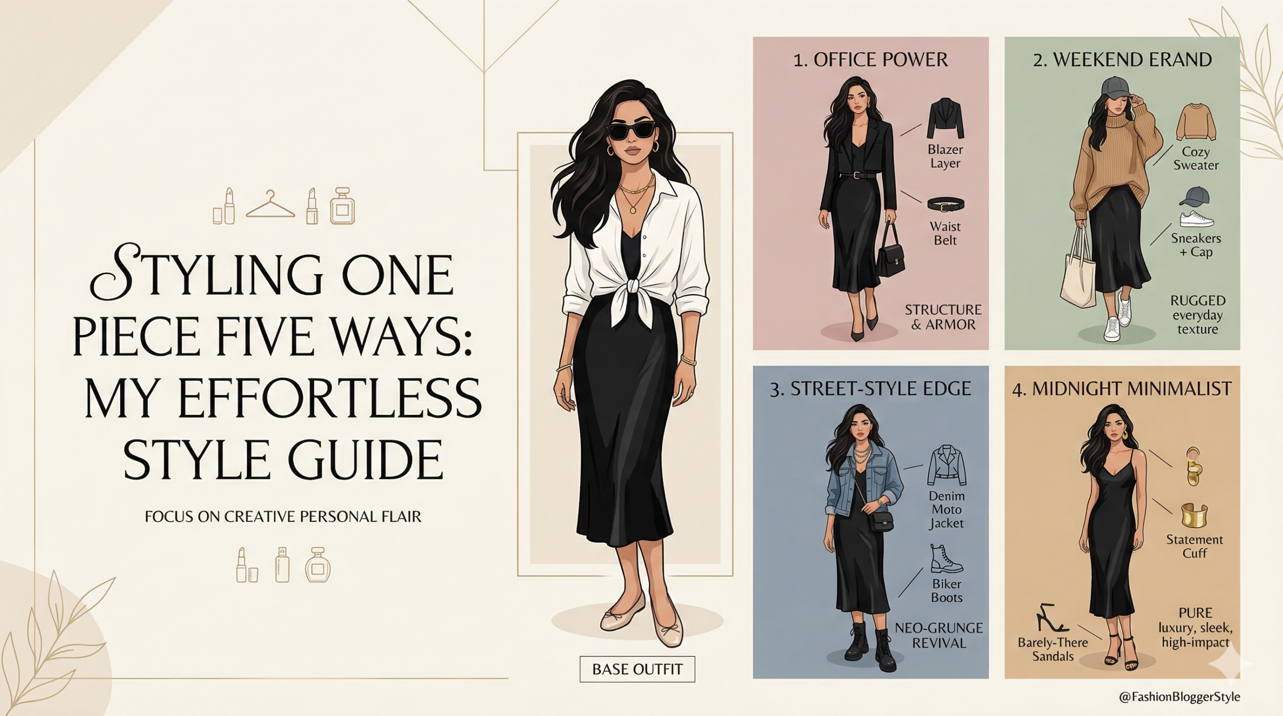 A fashion blogger showcasing five different outfits using a single black silk slip dress, demonstrating versatile layering and accessory swaps.