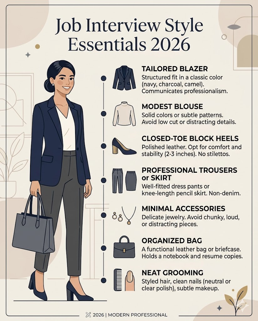 A professional 4:5 portrait infographic titled "Job Interview Style Essentials 2026." The visual features a checklist including a tailored blazer, modest blouse, and closed-toe block heels, presented in a clean, minimalist design with a neutral color palette.