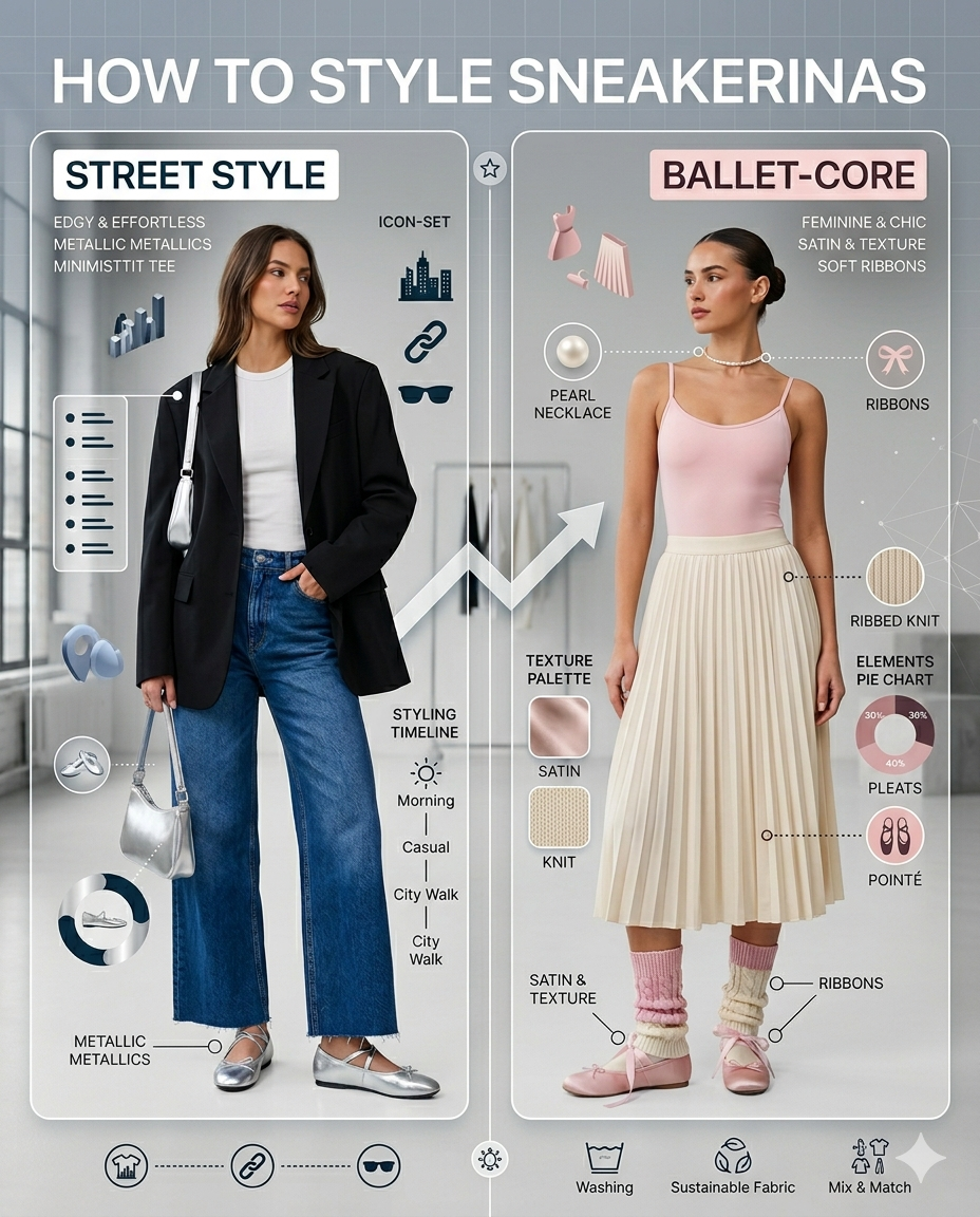 Two ways to style Sneakerina shoes: a street style look with wide-leg jeans and a ballet-core look with a pleated skirt and leg warmers. The hybrid shoes combine sneaker soles with ballet flat tops.