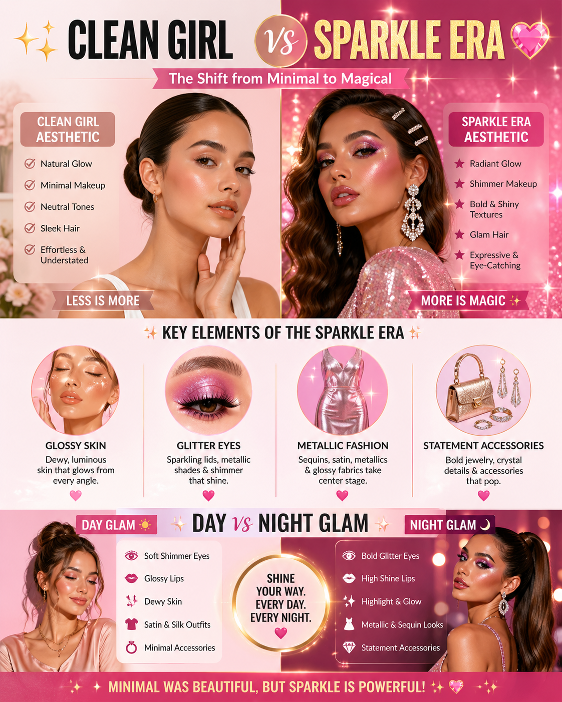 Comparing clean girl aesthetic and sparkle era trends showing shimmer makeup, glossy skin, glitter eyeshadow, metallic fashion, and glam accessories with day vs night styling tips in a modern pink and gold design layout