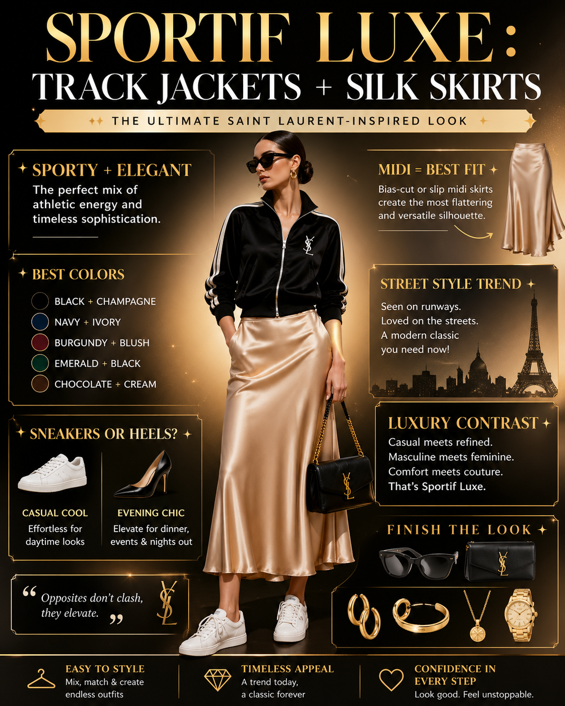 ✨ Sportif Luxe Style Guide: How to Pair Track Jackets With Silk Skirts for the Ultimate Saint Laurent-Inspired Look 💫