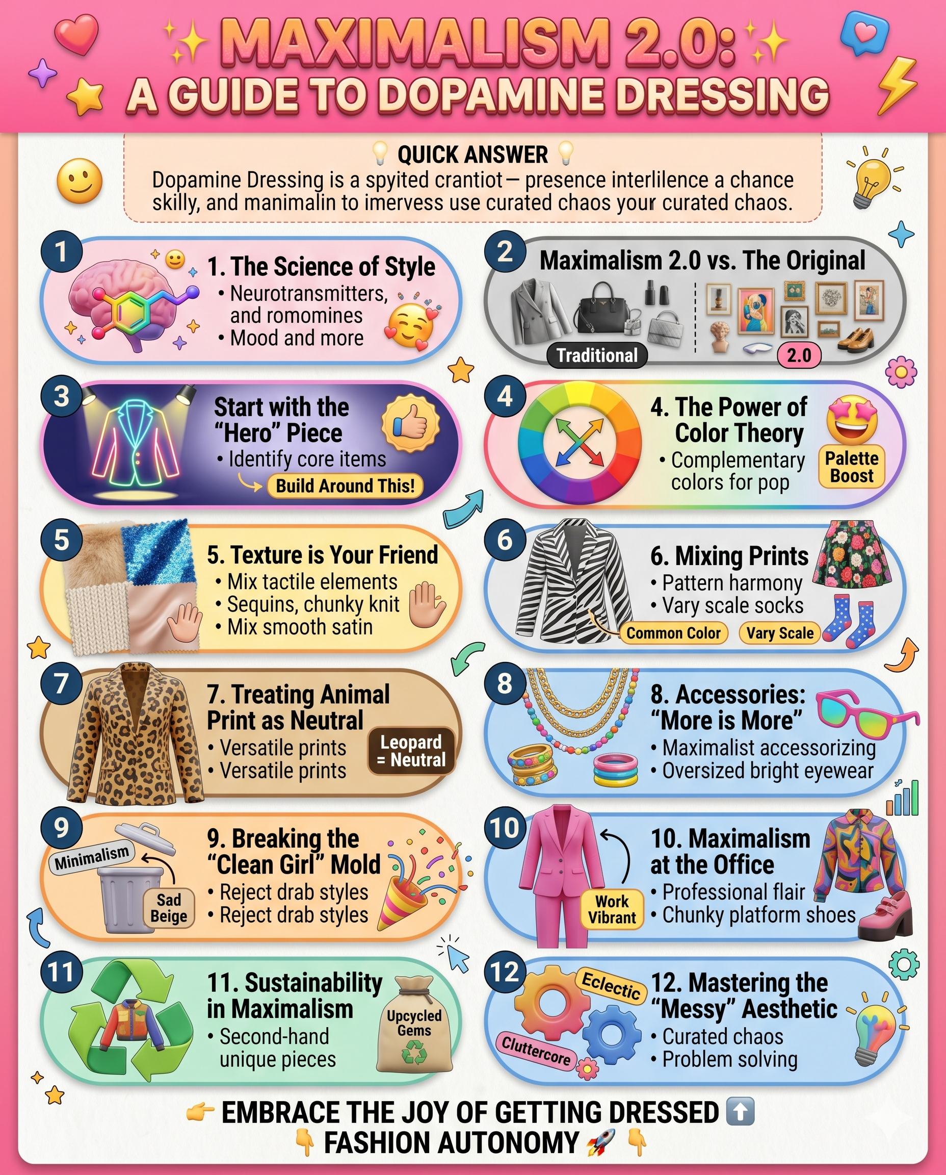 Infografía 3D a color de 12 paneles titulada "MAXIMALISMO 2.0: UNA GUÍA PARA EL DOPAMINE DRESSING." El diseño vertical presenta íconos vibrantes para conceptos de moda: Ciencia del Estilo (cerebro), Pieza Protagonista (blazer de neón), Teoría del Color, Textura, Mezcla de Estampados y Estampado Animal como Neutro. Incluye paneles para accesorios maximalistas, romper con el minimalismo, ropa de oficina, sostenibilidad y la estética "desordenada". El diseño es brillante y alegre con estrellas y emojis de caritas sonrientes.