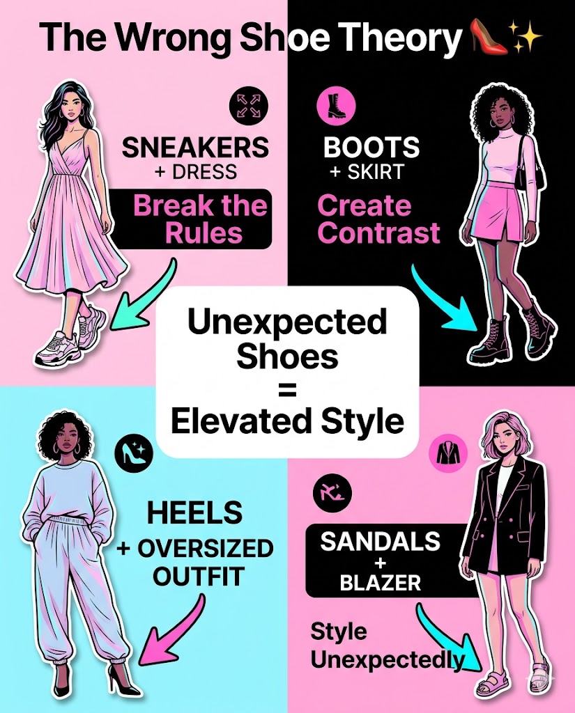 The “Wrong Shoe Theory” showing outfit combinations like dresses with sneakers, skirts with boots, and formal wear with casual shoes. Includes bold captions, arrows, and contrast styling visuals highlighting how unexpected footwear elevates modern girls’ fashion.