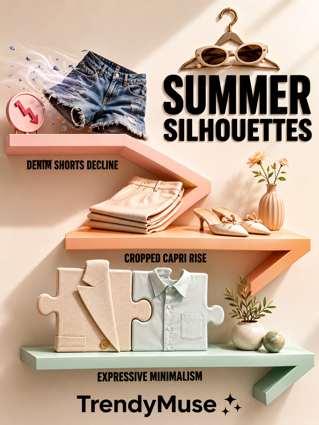 Premium 3D fashion editorial infographic on a soft sand-beige studio background featuring floating zig-zag shelves showcasing key summer style trends. The design highlights denim shorts decline with wind-swept distressed shorts, cropped capri rise with neatly folded capri trousers and kitten heels, and expressive minimalism through interlocking linen blazer and poplin shirt puzzle pieces. Bold typography, luxury lighting, pastel tones, and TrendyMuse branding create a refined seasonal fashion guide.