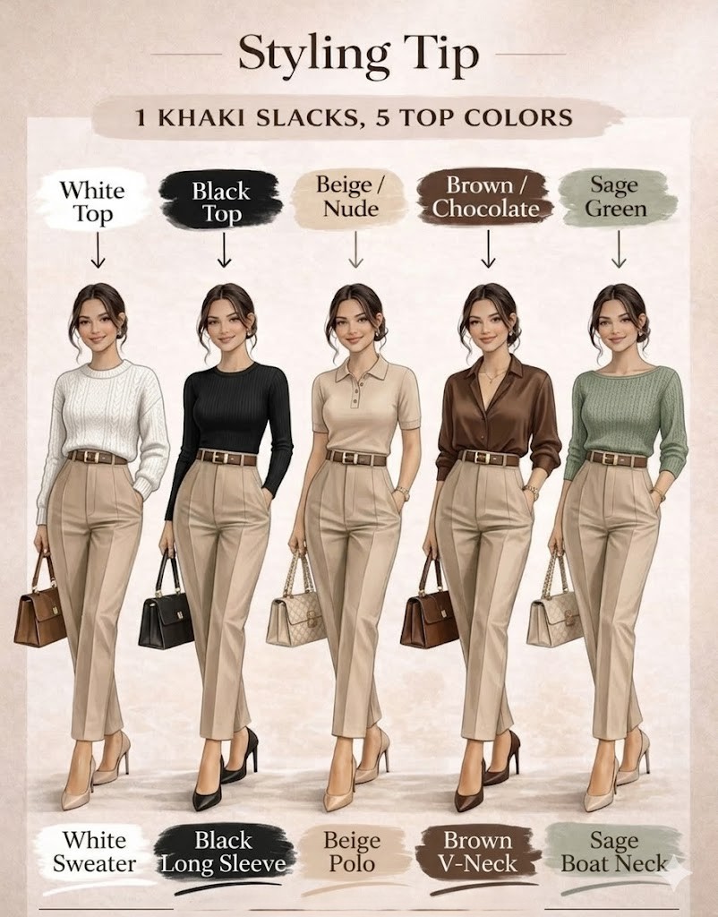 one pair of khaki slacks styled with five top color options including white, black, beige, chocolate brown, and sage green. Modern editorial design with elegant neutral tones, fashion styling inspiration, and wardrobe color coordination tips.