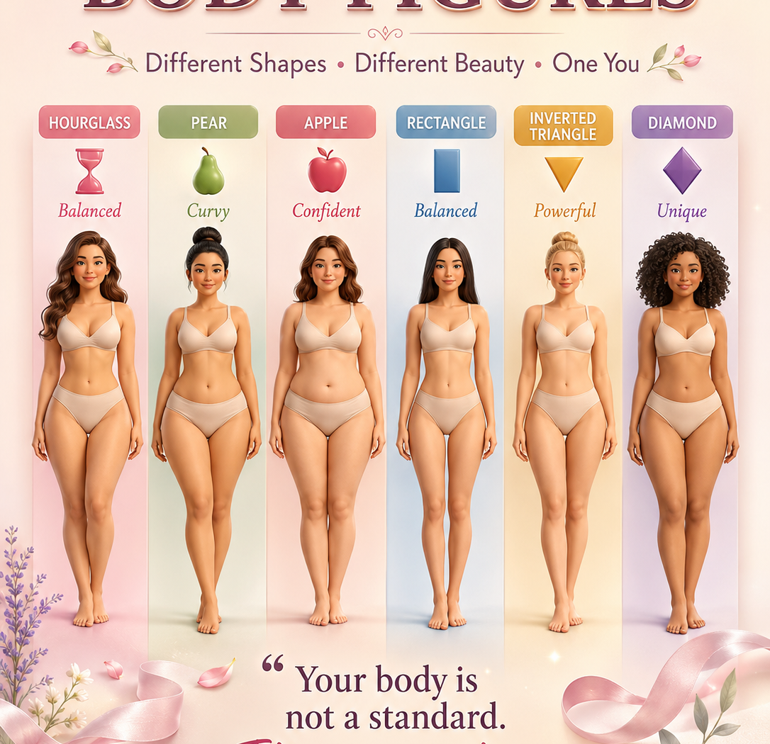 six common women’s body figures—Hourglass, Pear, Apple, Rectangle, Inverted Triangle, and Diamond—displayed in soft 3D editorial style with balanced proportions, body-positive messaging