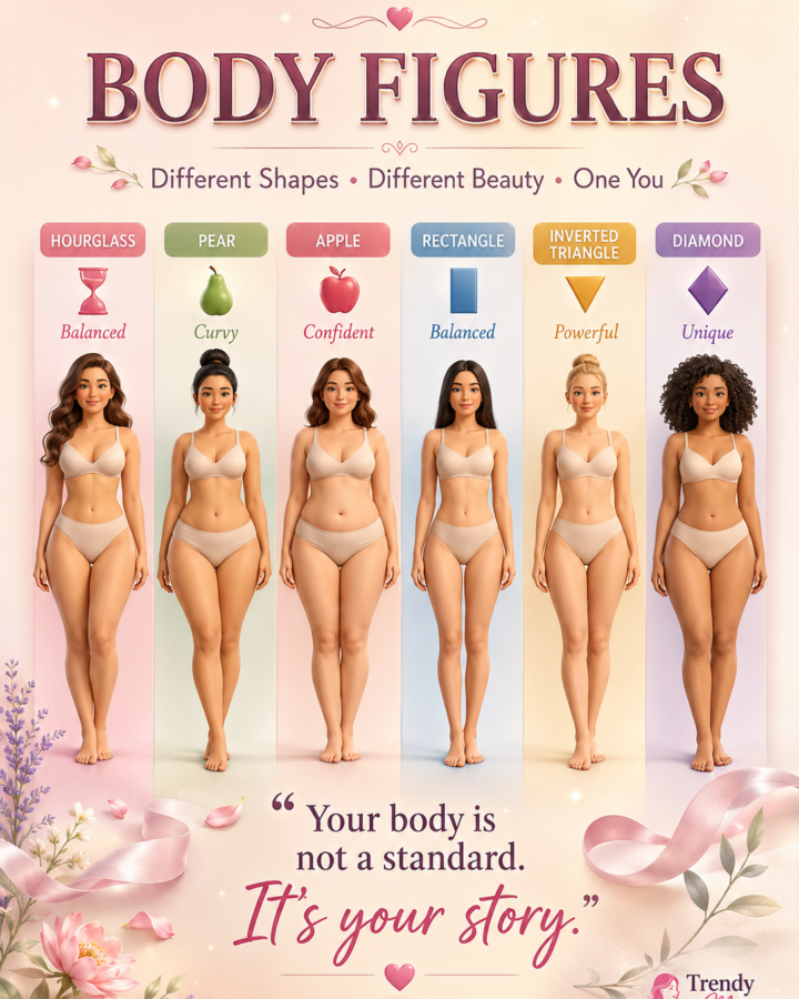 six common women’s body figures—Hourglass, Pear, Apple, Rectangle, Inverted Triangle, and Diamond—displayed in soft 3D editorial style with balanced proportions, body-positive messaging