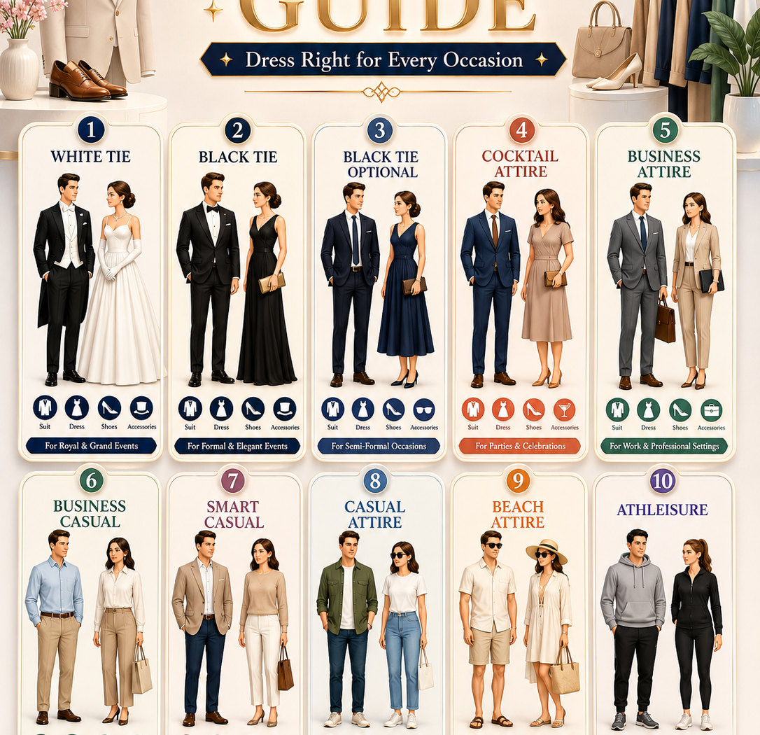 Ten common dress codes including White Tie, Black Tie, Cocktail, Business Attire, Business Casual, Smart Casual, Casual, Beach Attire, and Athleisure with stylish male and female outfits, elegant color palette, and modern 3D editorial design.