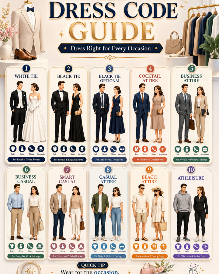 Ten common dress codes including White Tie, Black Tie, Cocktail, Business Attire, Business Casual, Smart Casual, Casual, Beach Attire, and Athleisure with stylish male and female outfits, elegant color palette, and modern 3D editorial design.
