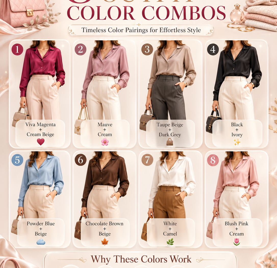 Eight timeless women's outfit color combinations, including magenta with cream beige, mauve with cream, taupe with dark grey, black with ivory, powder blue with beige, chocolate brown with beige, white with camel, and blush pink with cream in a premium 3D editorial design.