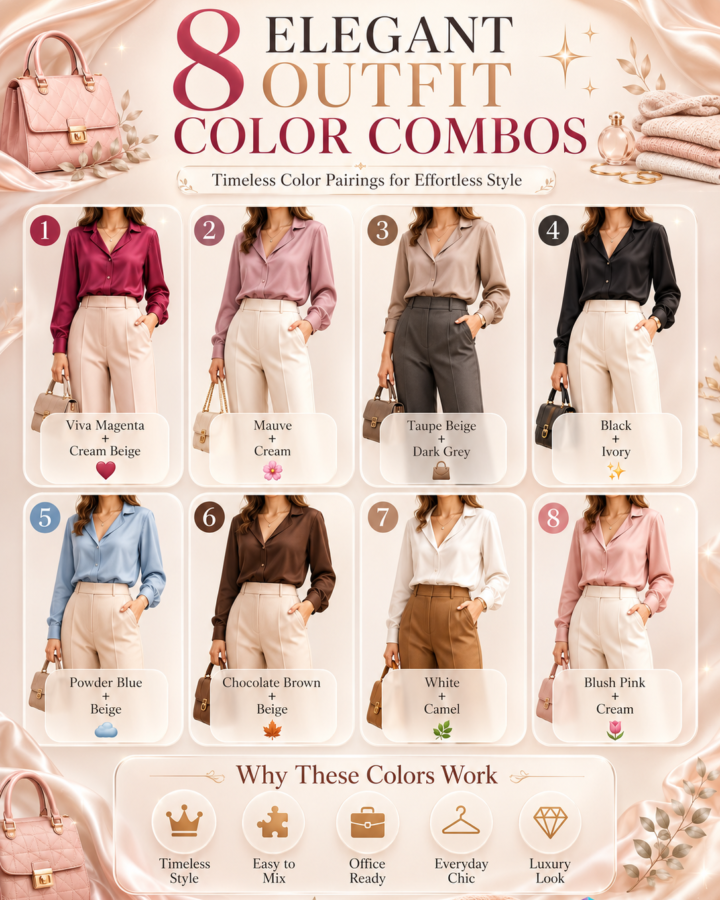 Eight timeless women's outfit color combinations, including magenta with cream beige, mauve with cream, taupe with dark grey, black with ivory, powder blue with beige, chocolate brown with beige, white with camel, and blush pink with cream in a premium 3D editorial design.
