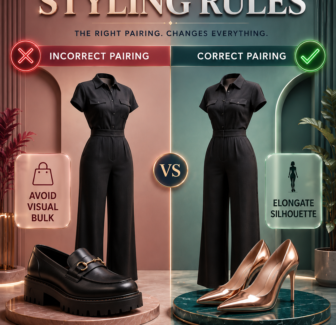 Contrasting incorrect and correct footwear pairings. The left side shows a black jumpsuit paired with clunky chunky shoes marked with a red X. The right side features the same outfit paired with elegant heeled sandals marked with a green checkmark.