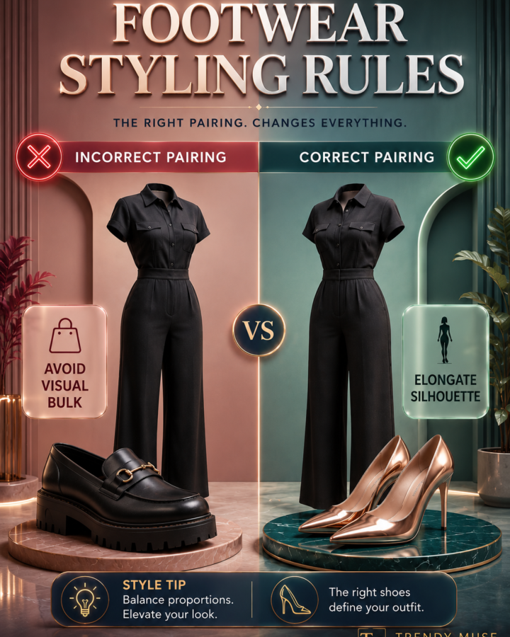 Contrasting incorrect and correct footwear pairings. The left side shows a black jumpsuit paired with clunky chunky shoes marked with a red X. The right side features the same outfit paired with elegant heeled sandals marked with a green checkmark.