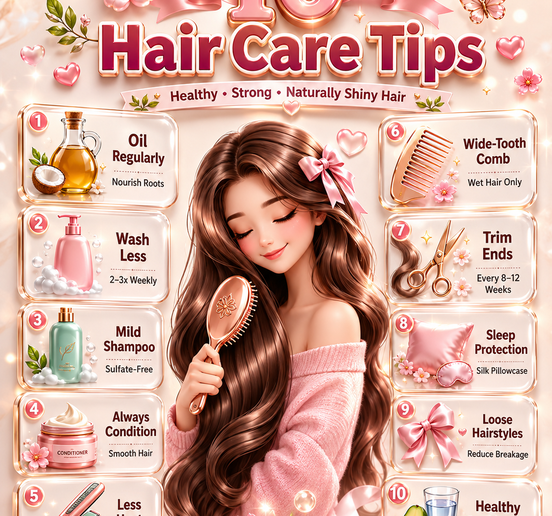 10 essential hair care tips for healthy, strong, and shiny hair. Features a stylish girl brushing long silky hair surrounded by colorful glassmorphism cards highlighting oiling, gentle shampoo, conditioner, trimming, healthy eating, hydration, and protective hair care habits.