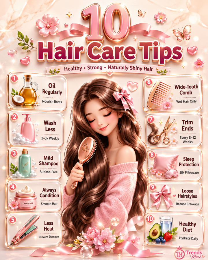 10 essential hair care tips for healthy, strong, and shiny hair. Features a stylish girl brushing long silky hair surrounded by colorful glassmorphism cards highlighting oiling, gentle shampoo, conditioner, trimming, healthy eating, hydration, and protective hair care habits.
