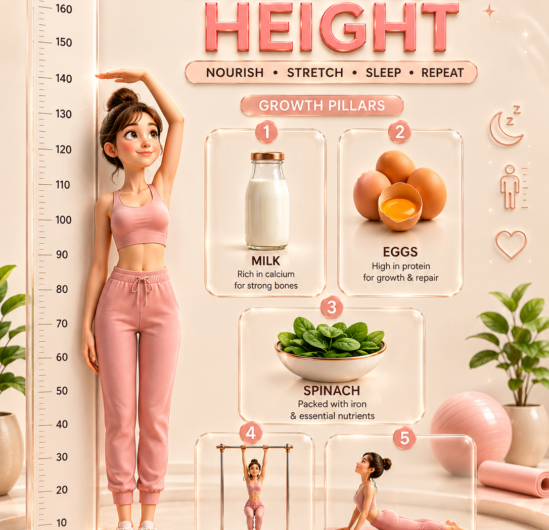 Tracking natural height increase tips for girls, featuring interactive glassmorphism exercise panels for hanging and stretching, organic food bowls, healthy lifestyle icons, metric measurement scales, and a minimalist TrendyMuse logo watermark on a premium pastel layout.