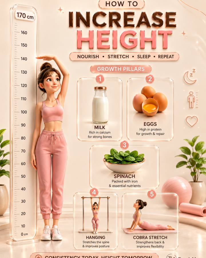 Tracking natural height increase tips for girls, featuring interactive glassmorphism exercise panels for hanging and stretching, organic food bowls, healthy lifestyle icons, metric measurement scales, and a minimalist TrendyMuse logo watermark on a premium pastel layout.