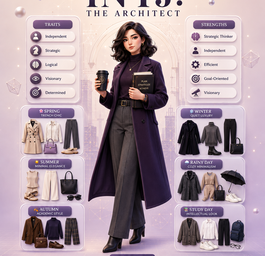 INTJ female personality fashion aesthetics with six seasonal outfit inspirations, elegant color palette, personality strengths, essentials like books and coffee, and minimalist architect-themed illustrations in dark plum and navy tones.