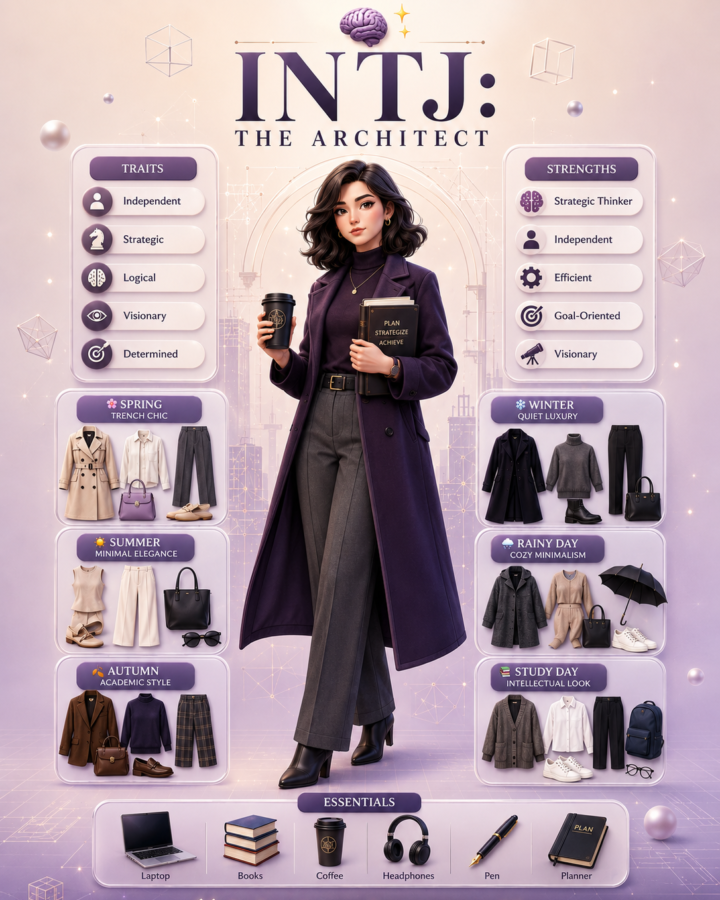 INTJ female personality fashion aesthetics with six seasonal outfit inspirations, elegant color palette, personality strengths, essentials like books and coffee, and minimalist architect-themed illustrations in dark plum and navy tones.