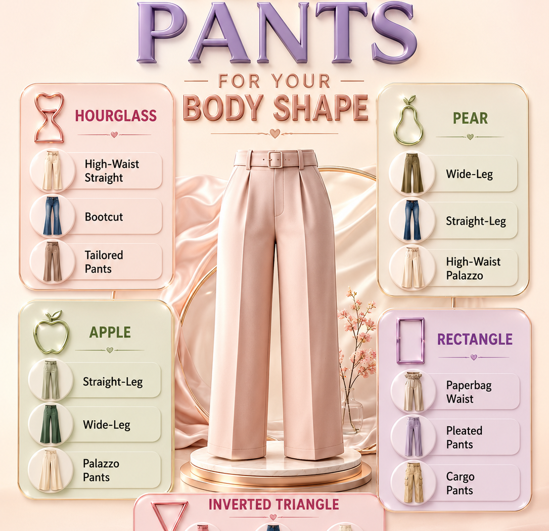 The best pants for hourglass, pear, apple, rectangle, and inverted triangle body shapes. Recommended styles include high-waist straight pants, bootcut jeans, wide-leg trousers, palazzos, pleated pants, cargo pants, and flared trousers.