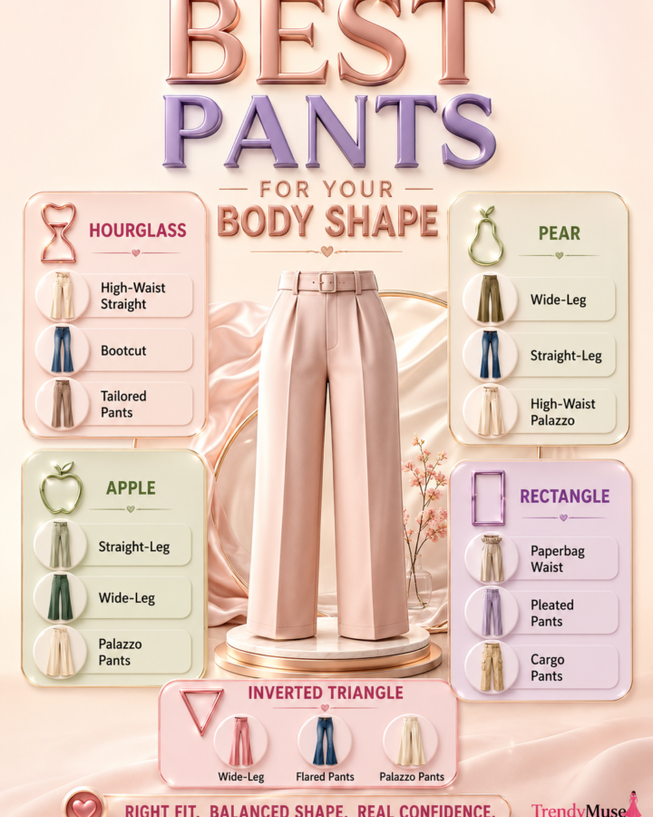 The best pants for hourglass, pear, apple, rectangle, and inverted triangle body shapes. Recommended styles include high-waist straight pants, bootcut jeans, wide-leg trousers, palazzos, pleated pants, cargo pants, and flared trousers.