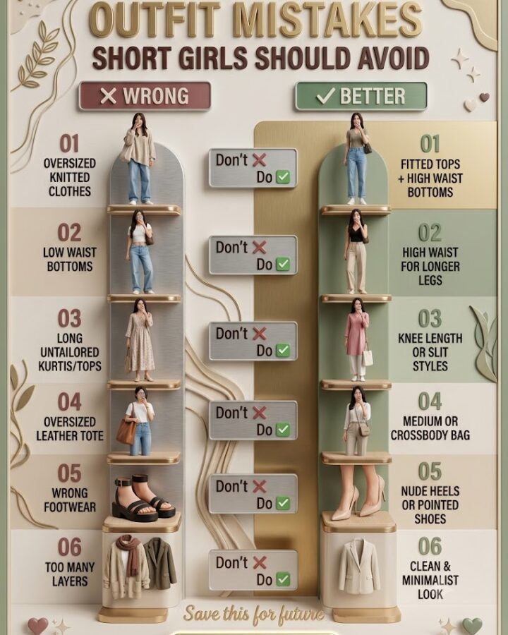 Comparing petite styling techniques. The left side shows an avatar in an oversized sweater and low-waist jeans labeled as incorrect, while the right side displays a polished avatar in a fitted black top, high-waisted beige trousers, and pointed nude heels.