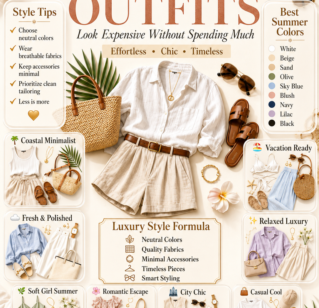 Affordable summer outfits that look luxurious with neutral color palettes, linen clothing, capsule wardrobe ideas, elegant accessories, style tips, outfit inspiration, woven handbags, sandals, timeless fashion essentials, and sophisticated minimalist styling for warm weather.