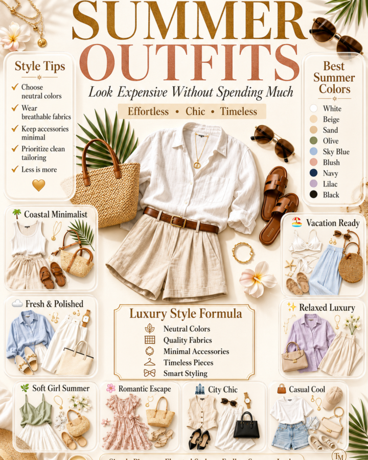 Affordable summer outfits that look luxurious with neutral color palettes, linen clothing, capsule wardrobe ideas, elegant accessories, style tips, outfit inspiration, woven handbags, sandals, timeless fashion essentials, and sophisticated minimalist styling for warm weather.
