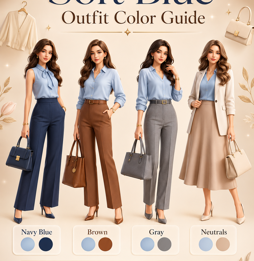 Soft blue outfit combinations with navy blue, brown, gray, and neutral colors. Features stylish women's office and casual fashion, handbags, skirts, tailored trousers, blazers, seasonal styling inspiration, and modern wardrobe color pairing ideas.