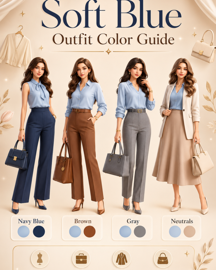 Soft blue outfit combinations with navy blue, brown, gray, and neutral colors. Features stylish women's office and casual fashion, handbags, skirts, tailored trousers, blazers, seasonal styling inspiration, and modern wardrobe color pairing ideas.
