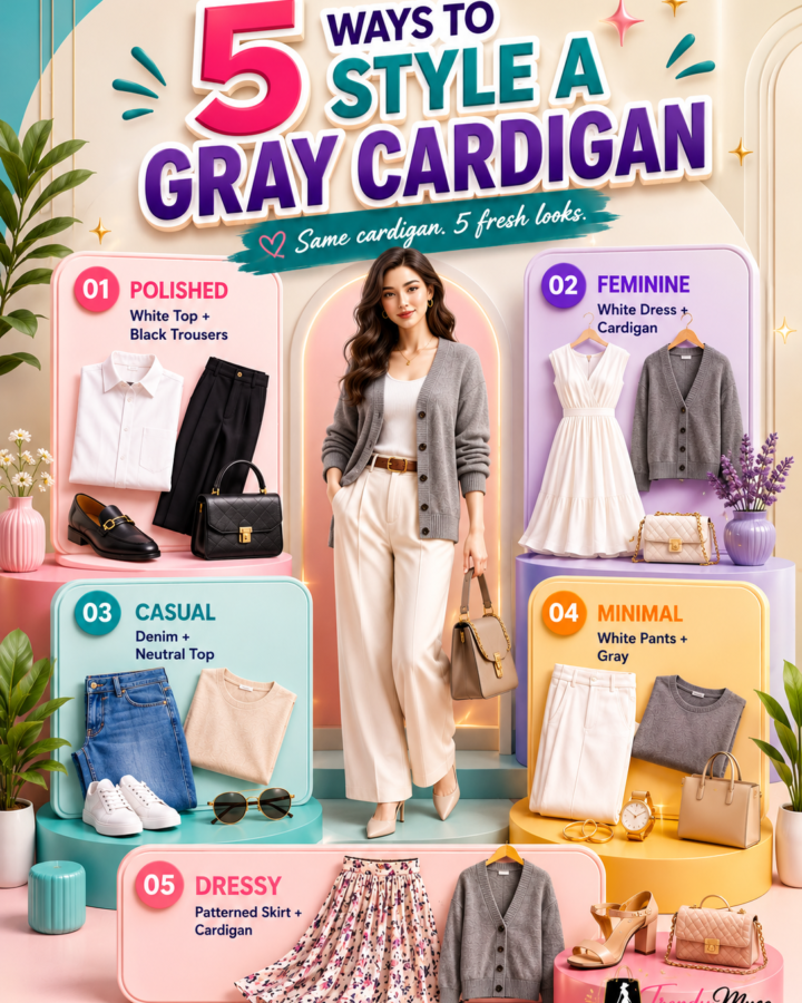 A gray cardigan styled five ways with black trousers, white dress, blue denim, white pants, and patterned skirt in a modern 3D fashion infographic with elegant neutral colors.