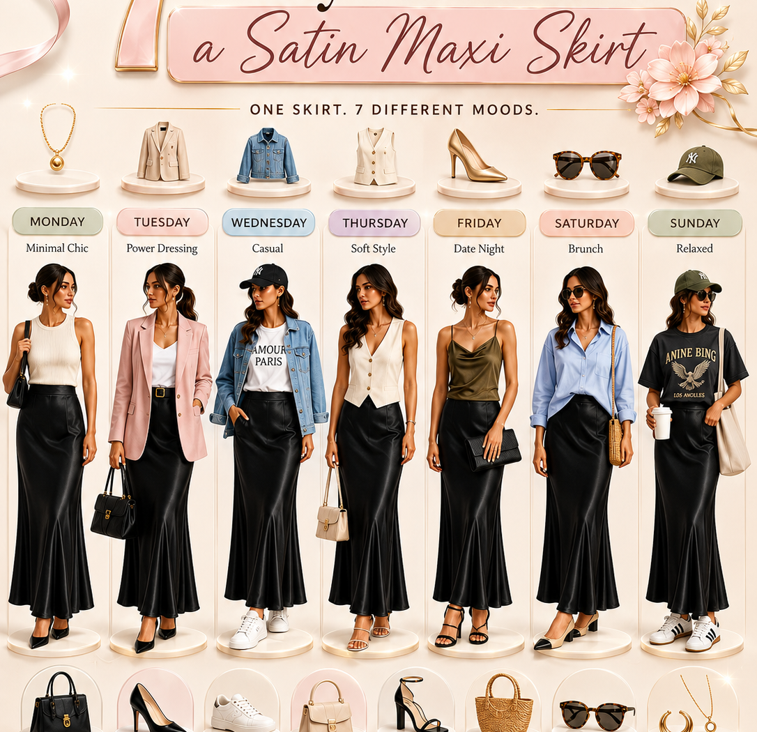 Seven stylish ways to wear one black satin maxi skirt throughout the week. Each day features a unique outfit including minimal chic, office wear, casual denim, feminine style, dinner date, brunch, and relaxed weekend fashion with coordinated accessories and footwear.