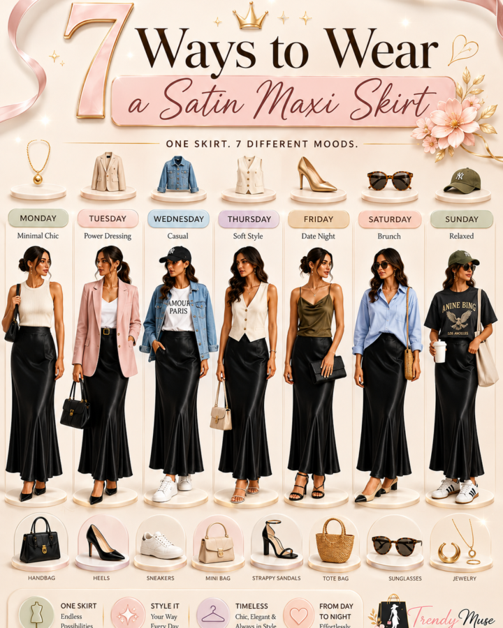 Seven stylish ways to wear one black satin maxi skirt throughout the week. Each day features a unique outfit including minimal chic, office wear, casual denim, feminine style, dinner date, brunch, and relaxed weekend fashion with coordinated accessories and footwear.