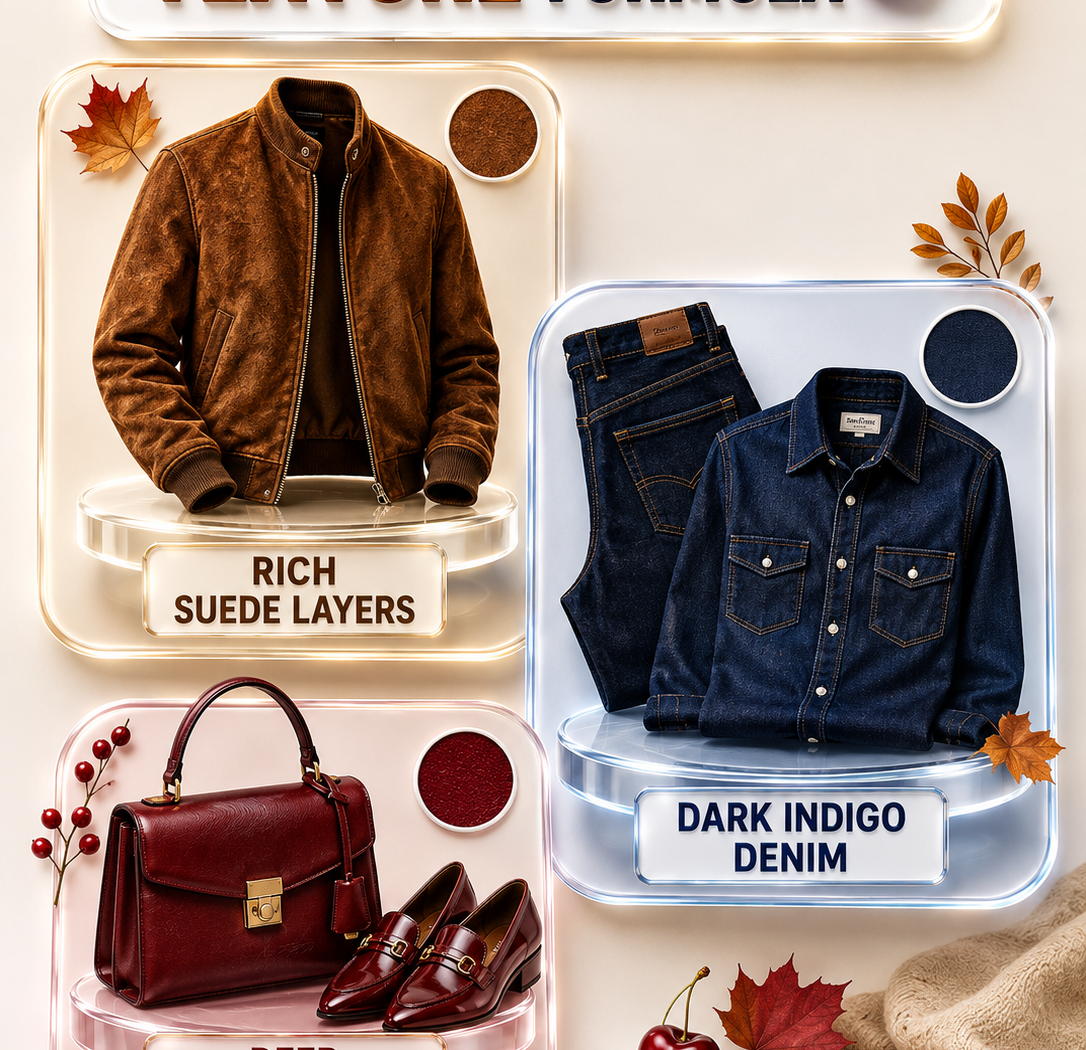Vertical 3:4 autumn fashion infographic titled “The Autumn Texture Formula” featuring three floating glass cards with a chocolate-brown suede jacket, dark indigo denim shirt and jeans, and deep cherry leather handbag with loafers. Warm cream and caramel tones, glossy 3D textures, autumn leaves, cherries, and soft studio lighting create a luxury editorial style guide. Bold labels highlight rich suede layers, dark indigo denim, and deep cherry pops with TrendyMuse branding on a clean minimalist background.