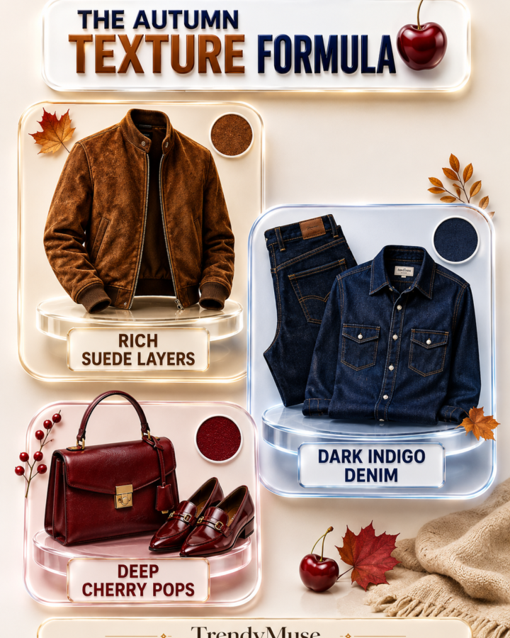 Vertical 3:4 autumn fashion infographic titled “The Autumn Texture Formula” featuring three floating glass cards with a chocolate-brown suede jacket, dark indigo denim shirt and jeans, and deep cherry leather handbag with loafers. Warm cream and caramel tones, glossy 3D textures, autumn leaves, cherries, and soft studio lighting create a luxury editorial style guide. Bold labels highlight rich suede layers, dark indigo denim, and deep cherry pops with TrendyMuse branding on a clean minimalist background.