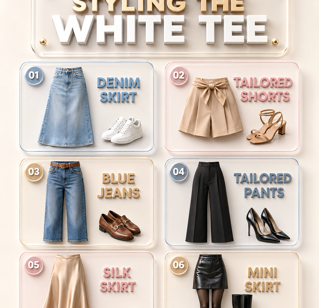 Editorial 3D fashion infographic titled “Styling the White Tee” on a soft cream and blush background. A folded white T-shirt appears above six glassmorphism cards showing denim skirt with sneakers, tailored shorts with sandals, blue jeans with loafers, tailored pants with heels, silk skirt with flats, and mini skirt with boots. The layout uses bold 3D typography, pastel borders, champagne gold accents, realistic fabric textures, and bright studio lighting for a clean modern style.