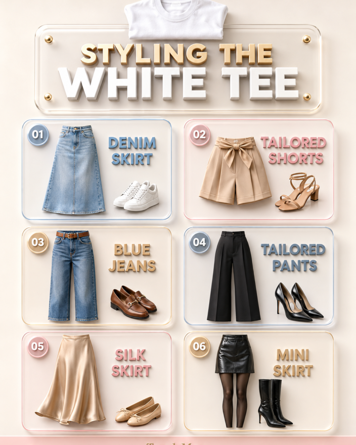 Editorial 3D fashion infographic titled “Styling the White Tee” on a soft cream and blush background. A folded white T-shirt appears above six glassmorphism cards showing denim skirt with sneakers, tailored shorts with sandals, blue jeans with loafers, tailored pants with heels, silk skirt with flats, and mini skirt with boots. The layout uses bold 3D typography, pastel borders, champagne gold accents, realistic fabric textures, and bright studio lighting for a clean modern style.