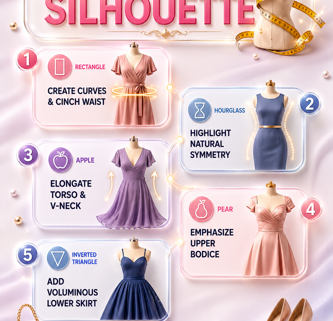 Fashion infographic titled “Dress for Your Silhouette” showing five body-shape styling guides with elegant 3D dresses. Rectangle shapes are advised to create curves and cinch the waist; hourglass shapes highlight natural symmetry; apple shapes use V-necks to elongate the torso; pear shapes emphasize the upper bodice; and inverted triangle shapes add volume with a fuller lower skirt. Pastel pink, lavender, navy and gold details complete the TrendyMuse design.