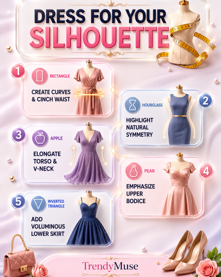 Fashion infographic titled “Dress for Your Silhouette” showing five body-shape styling guides with elegant 3D dresses. Rectangle shapes are advised to create curves and cinch the waist; hourglass shapes highlight natural symmetry; apple shapes use V-necks to elongate the torso; pear shapes emphasize the upper bodice; and inverted triangle shapes add volume with a fuller lower skirt. Pastel pink, lavender, navy and gold details complete the TrendyMuse design.
