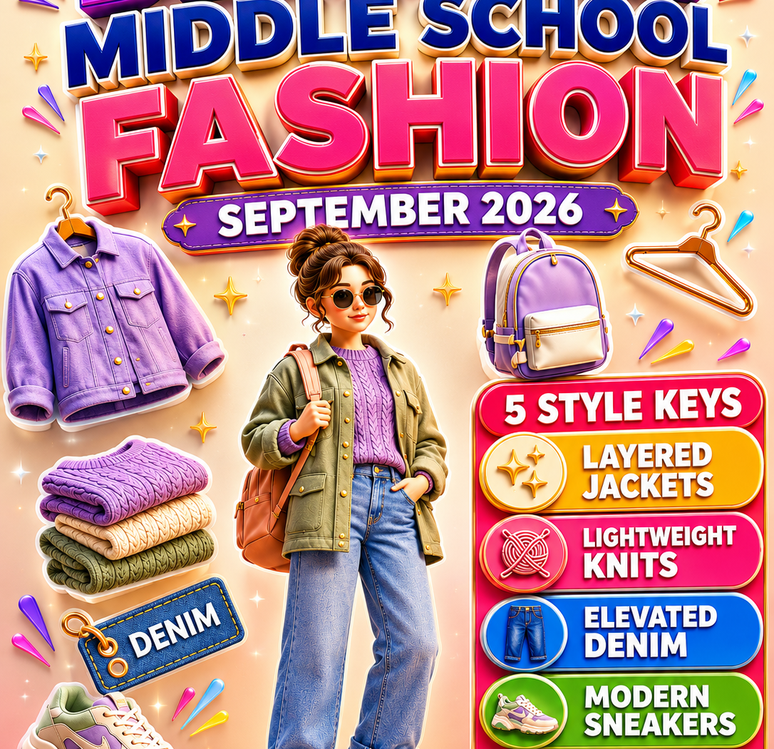 September 2026 designer middle school fashion trends, featuring layered jackets, lightweight knits, elevated denim, modern sneakers, functional accessories, and a colorful premium TrendyMuse editorial aesthetic.
