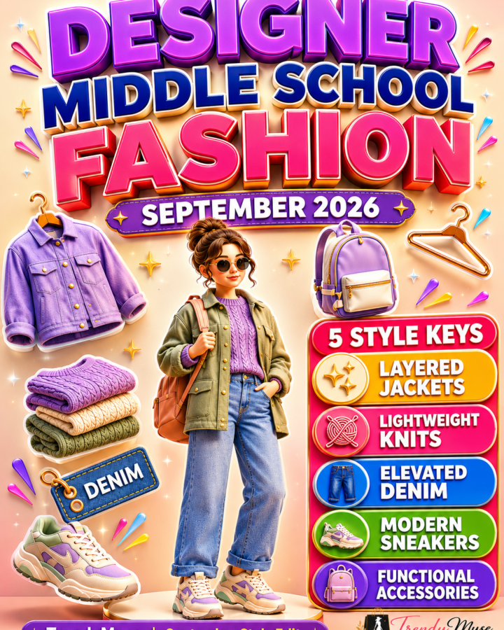 September 2026 designer middle school fashion trends, featuring layered jackets, lightweight knits, elevated denim, modern sneakers, functional accessories, and a colorful premium TrendyMuse editorial aesthetic.