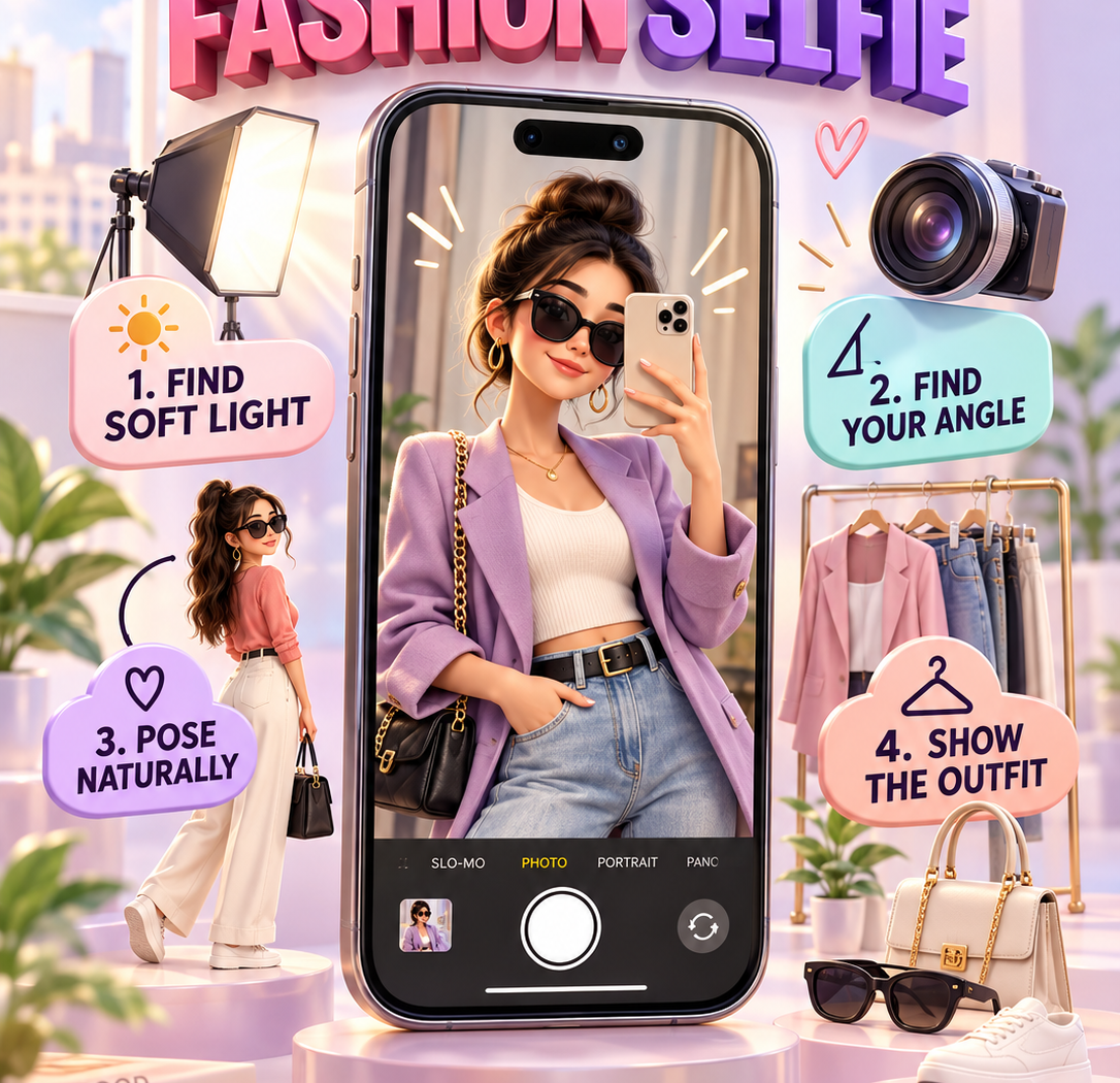 fashion selfie infographic showing smartphone photography, soft lighting, flattering angles, natural posing, outfit styling, mirror, camera lens, and fashion accessories in a vibrant lavender, coral, turquoise, and champagne color palette.