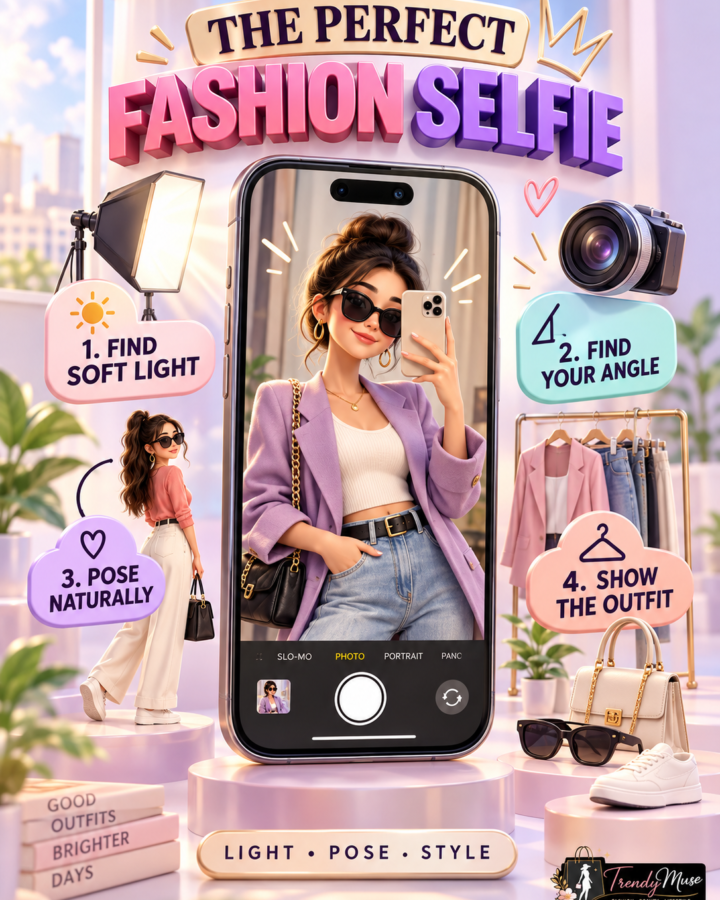 fashion selfie infographic showing smartphone photography, soft lighting, flattering angles, natural posing, outfit styling, mirror, camera lens, and fashion accessories in a vibrant lavender, coral, turquoise, and champagne color palette.