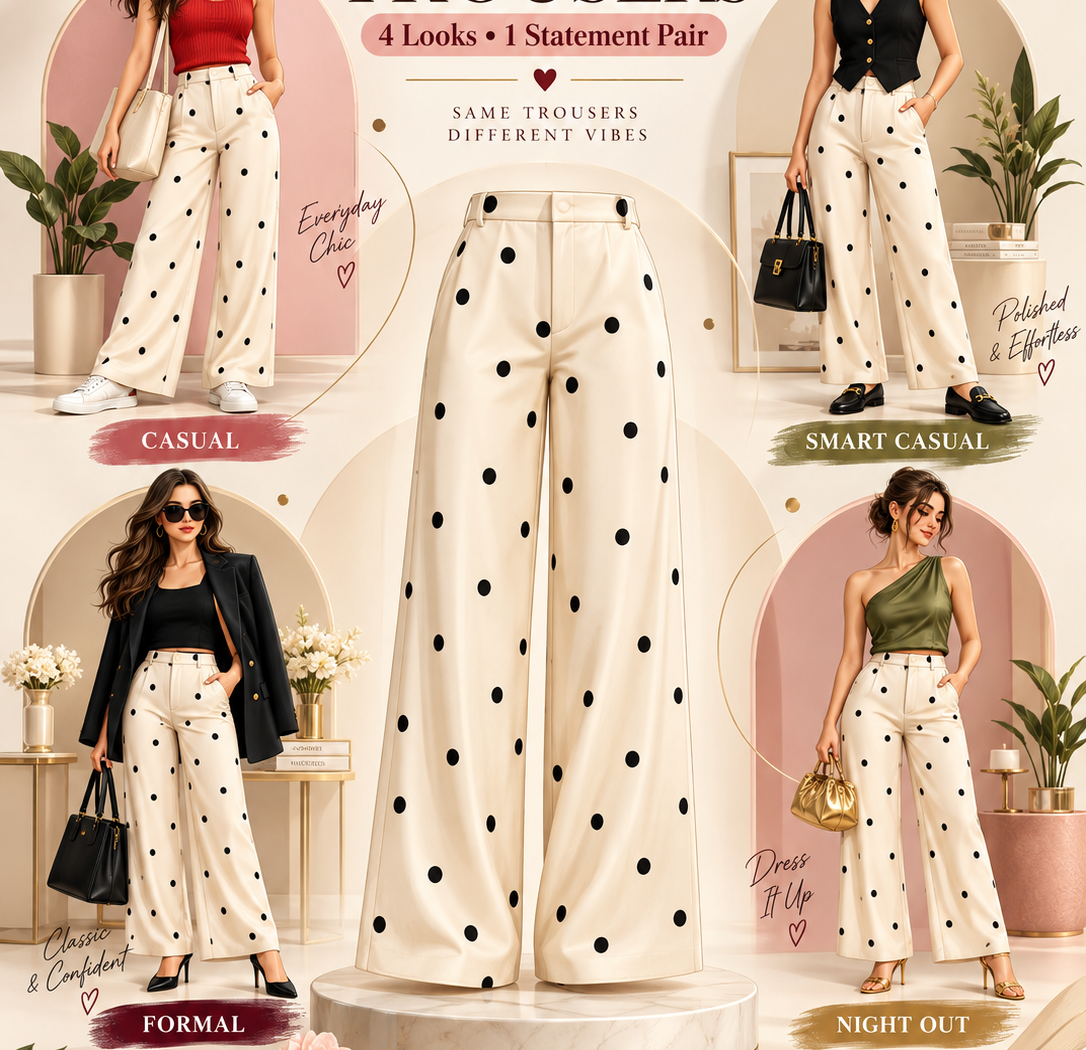 Polka dot trousers styled four ways: casual with a red top and sneakers, smart casual with a black vest, formal with a blazer and heels, and night out with an olive top and metallic accessories.
